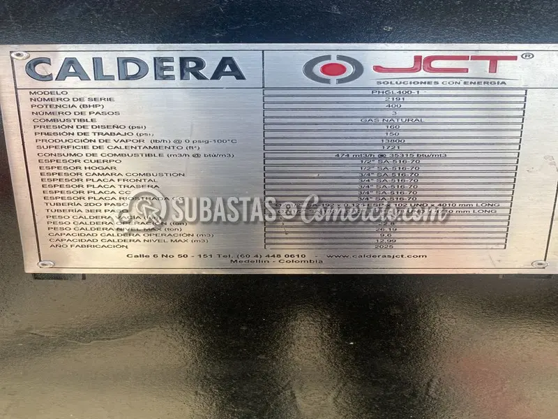 Caldera Pirotubular JCT PHGL400-1 a Gas - 400 BHP - Barranquilla — imagen 5 de 5