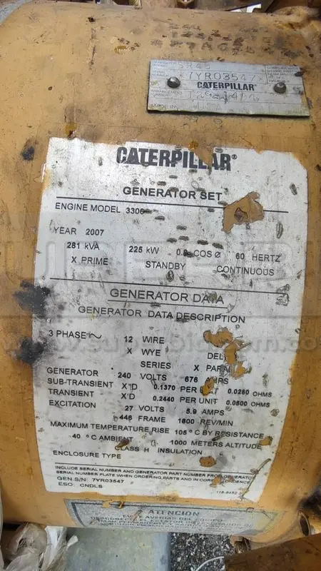 PLANTA ELECTRICA CATERPILLAR 3306 AÑO 2008, CAP. 281 KVA, Ubic.: MOCOA, PUTUMAYO — imagen 8 de 8