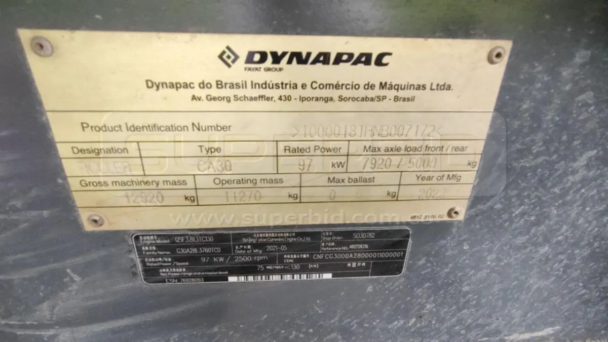 COMPACTADOR VIBRATORIO DYNAPAC CA30D AÑO 2021, 7144 HR. RP#3 PLACA: MC450302 Ubic.: MOCOA, PUTUMAYO — imagen 4 de 8