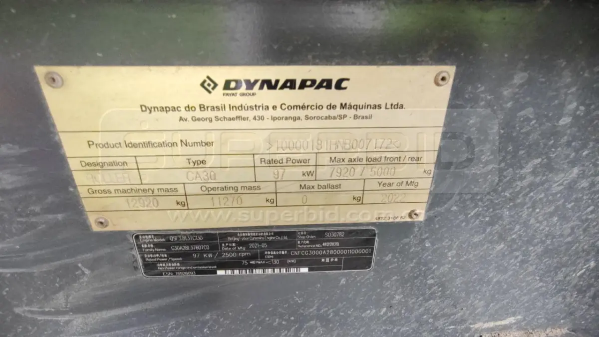 COMPACTADOR VIBRATORIO DYNAPAC CA30D AÑO 2021, 7144 HR. RP#3 PLACA: MC450302 Ubic.: MOCOA, PUTUMAYO — imagen 5 de 8