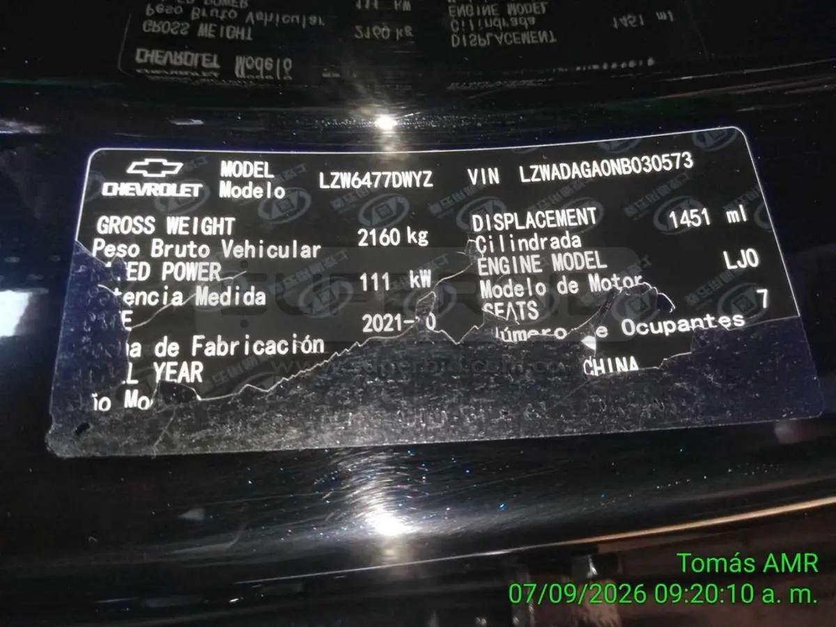 CHEVROLET NEW CAPTIVA PREMIER T 4ABS EBS TP 1451 CC MOD. 2022, PLACA: KWU508 Ubic.: TOCANCIPA, CUNDINAMARCA — imagen 7 de 8